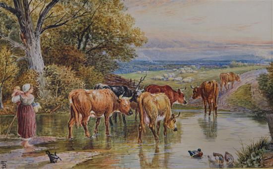 Circle of Birket Foster, watercolour, Cattle crossing a brook, bears monogram, 10 x 16cm, unframed